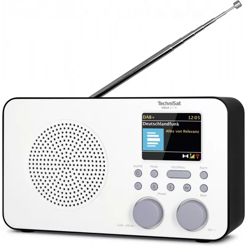Internetiraadio TECHNISAT VIOLA 2 C IR — Analoog- ja digituuner, DAB+/FM, Wi‑Fi, 3 W, 2,4-tolline TFT, 3,5 mm, must/valge