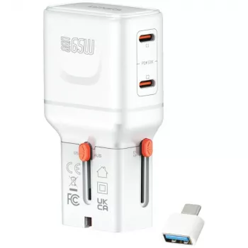 Reisilaadur World 65W USB-C + USB-A valge