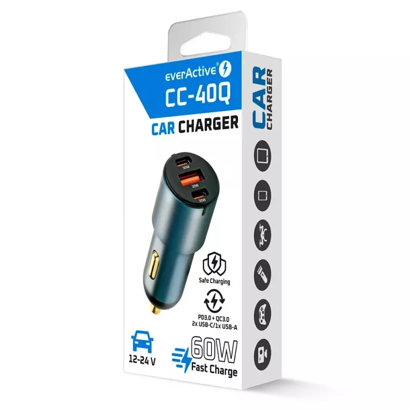 Auto laadija everActive CC-40Q QC3.0 60W, USB autolaadija mobiilseadmete laadimiseks