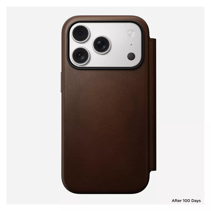 Nahast fliip-stiilis telefonikate Nomad Modern Leather Folio iPhone 17 Pro jaoks — pruun, sobib 6,3 tolli (16 cm) ekraanile, 4 kaarditaskut