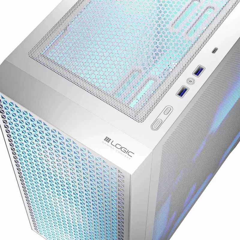 Arvutikorpus LOGIC Dart Pro Midi ARGB valge — Midi Torn, ATX, 456×200×385 mm, max GPU 34 cm, CPU jahuti kõrgus 155 mm, 3x120 mm ees + 1x120 mm taga, USB 3.0 x2, USB-C x1