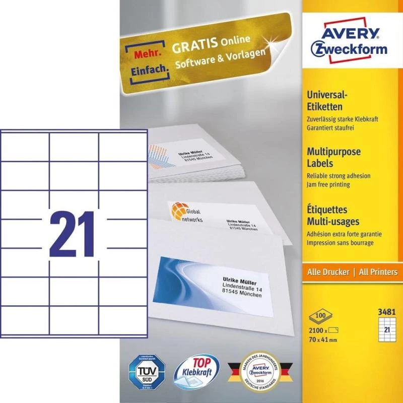 Avery 3481 isekleepuv silt ristkülik püsivalge 2100 tk