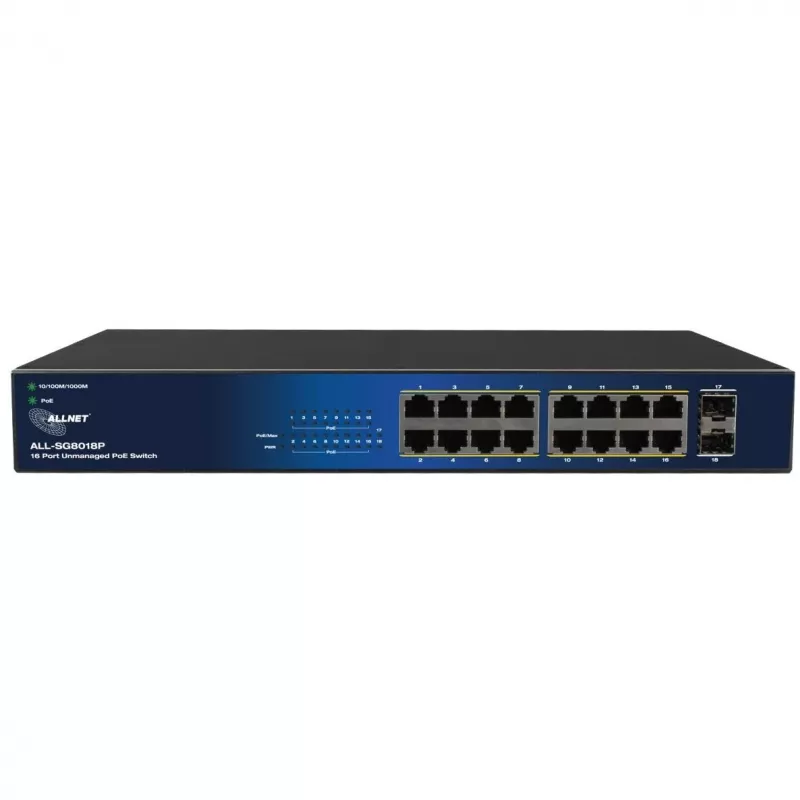 ALLNET 18-pordiline Gigabit PoE lüliti ALL-SG8018P — 16 PoE porti + 2 üleslinki, Gigabit Ethernet