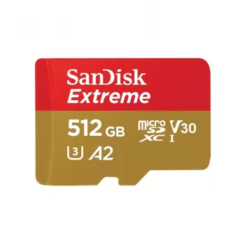 MicroSDHC mälukaart SANDISK Extreme 512 GB UHS-I A1 V30 U3 Class 10, lugemine 190 MB/s, kirjutamine 130 MB/s, sisaldab SD-adapterit