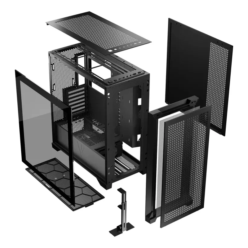 PC Case MODECOM VOLCANO EXPANSE T Midi Tower, karastatud klaas, USB-C, toetab micro ATX, GPU kuni 430 mm, CPU jahuti kuni 180 mm, 3x3,5 tolli pesa, 2x2,5 tolli, must