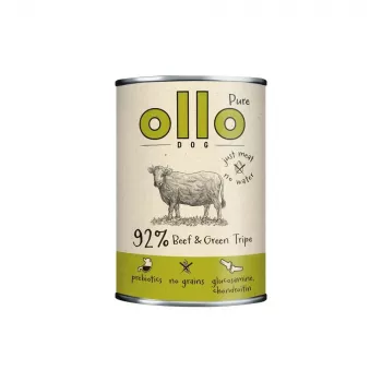 Märg koeratoit OLLO Pure Beef and roheline Tripe 400 g purk — täiskasvanud, valk 14,5%, rasv 11,9%, niiskus 69%