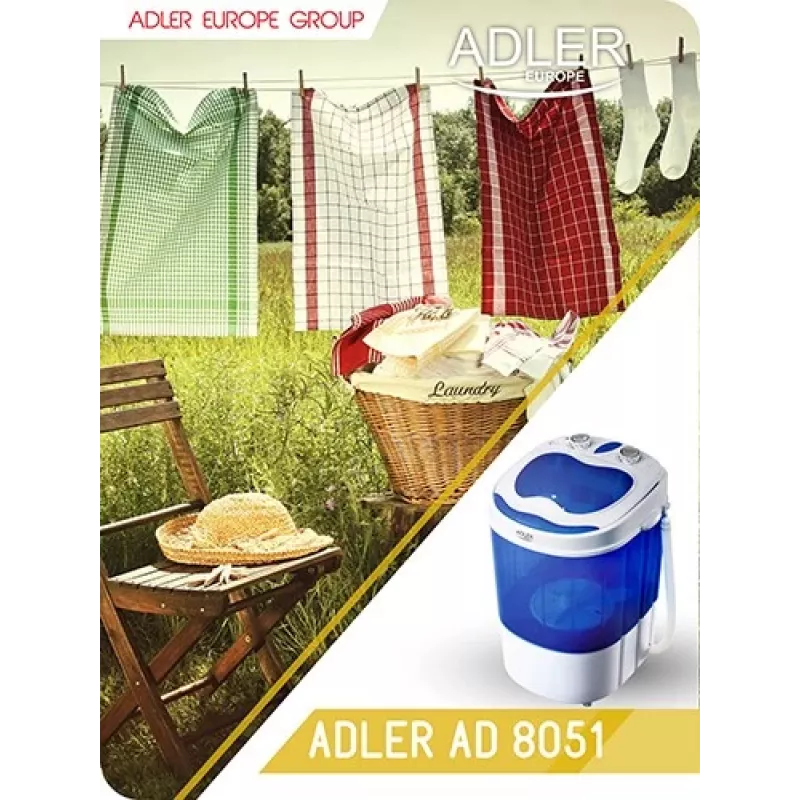 Adler | AD 8051 | Pesumasin | Energiatõhususe klass | Pealtlaadimine | Pesukogus 3 kg | Pöörlemiskiirus määramata | Sügavus 37 cm | Laius 38 cm | Valge/sinine