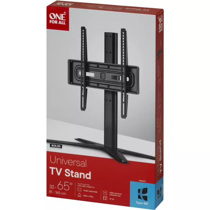 One For All lauaalus Base TV Holder SOLID – Sobib kõikidele 32–65-tollistele teleritele – LCD/LED/plasma/OLED/QLED – pööratav (90°) kallutatav (15°) – kõrgus reguleeritav – VESA 60