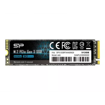 SSD M.2 NVMe Silicon Power P34A60 512 GB — PCIe, lugemine 2200 MB/s, kirjutamine 1600 MB/s, NVMe 1.3