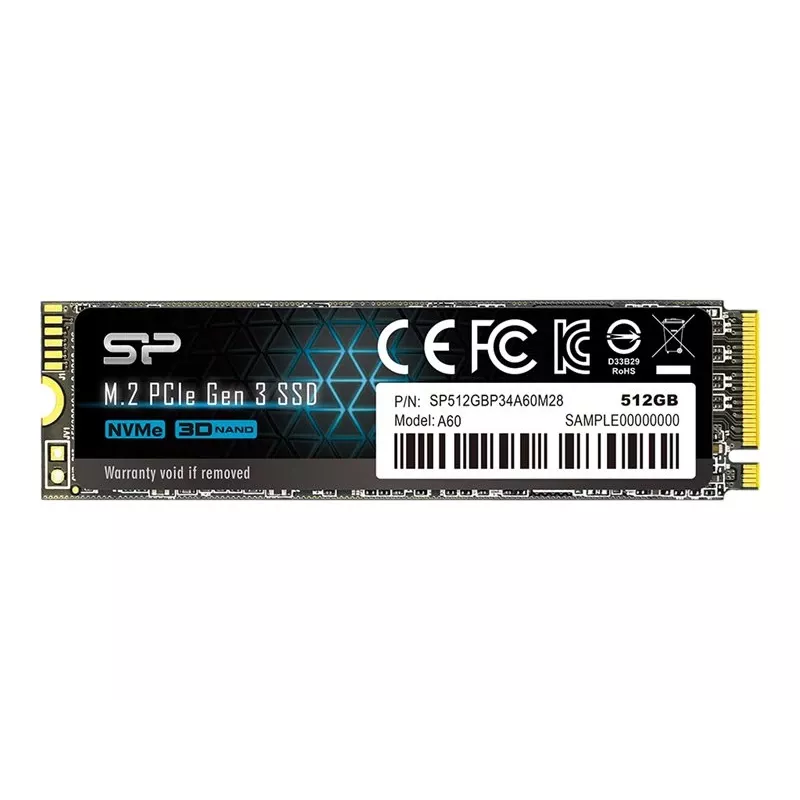 SSD M.2 NVMe Silicon Power P34A60 512 GB — PCIe, lugemine 2200 MB/s, kirjutamine 1600 MB/s, NVMe 1.3