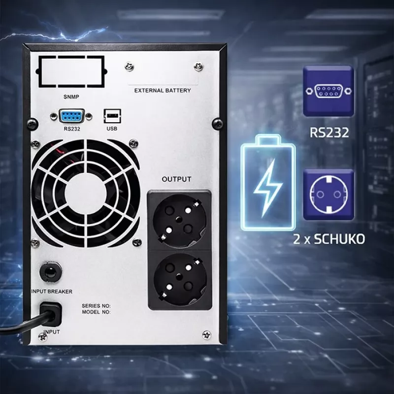 UPS QOLTEC Pure Sine Wave 1kVA 800W AVR-i ja LCD-ekraaniga