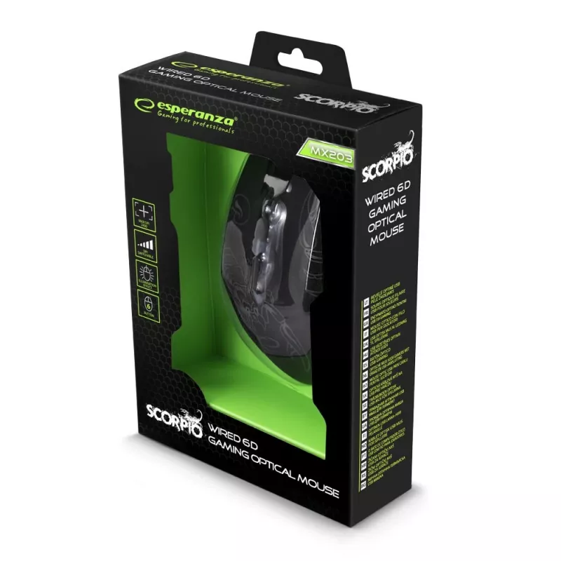 Esperanza MX203 SCORPIO - Hiir - USB - Sinine - Hiiri - Optiline - 6 nuppu - Must
