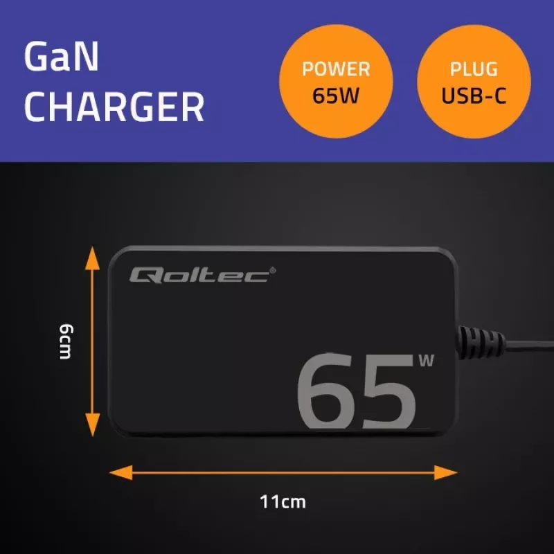 QOLTEC laadija 65W GaN Super Fast õhuke PD 5-20V 3.25A USB-C