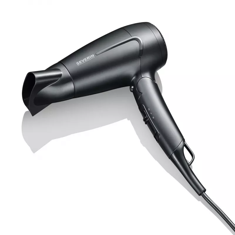 Föön SEVERIN HT 0159 — 1600 W, topeltpinge 110/220–240 V, 2 kiirust, jaheda õhu puhumine, 1,8 m juhe, must