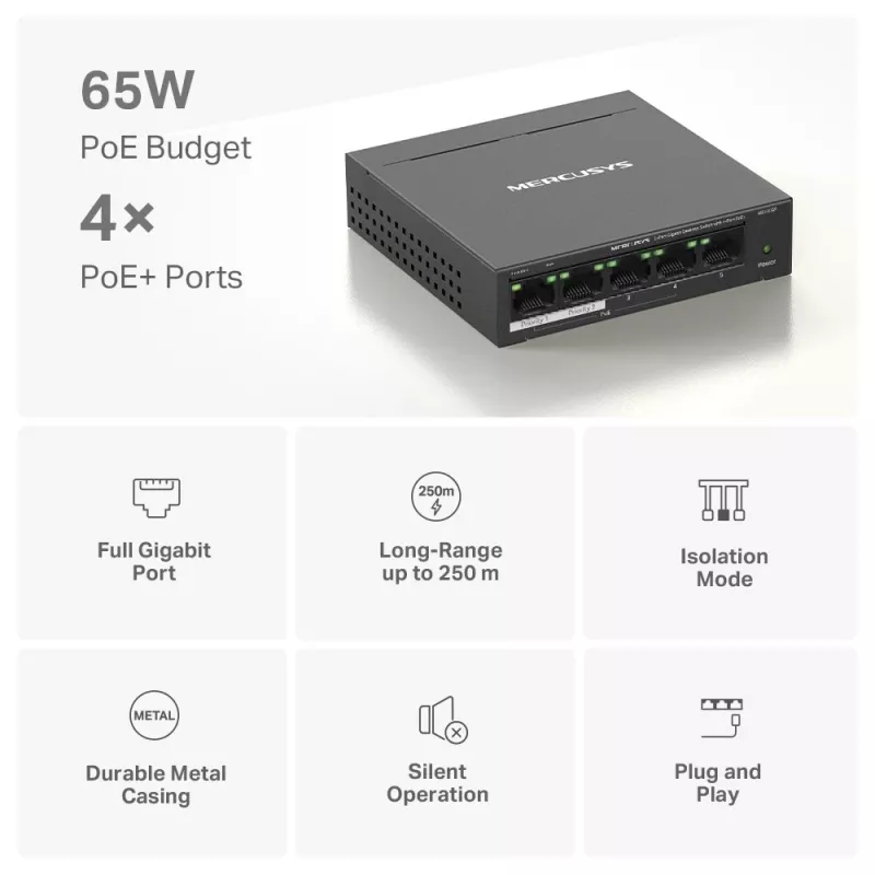 Mercusys 5-pordiline Gigabit lauavõrgulüliti 4 PoE+ pordiga