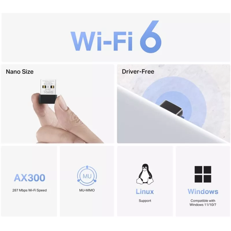 USB Wi‑Fi adapter MERCUSYS MA14N — USB Type‑A, 2,4 GHz üheribaline, kuni 287 Mb/s, must