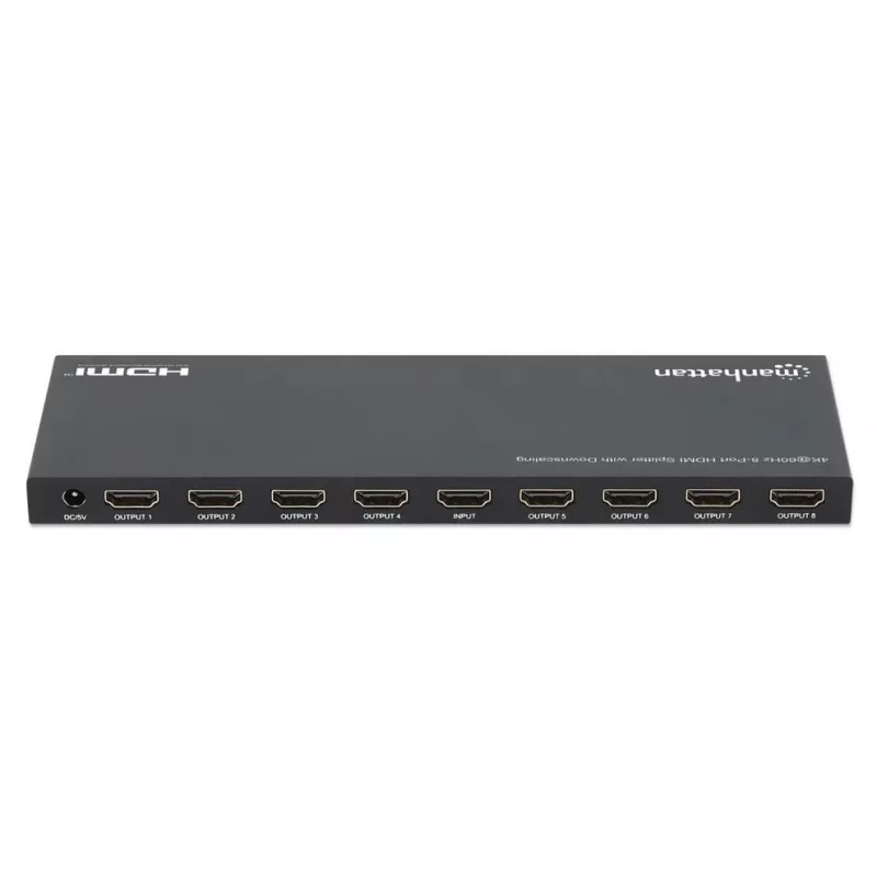 Manhattan 4K@60Hz 8-pordiline HDMI-jaotur skaleerimise vähendamisega, jaotab ühe HDMI-sisendi kaheksale HDMI-väljundile (1x8), 18G, EDID-lüliti skaleerimise vähendamiseks, must