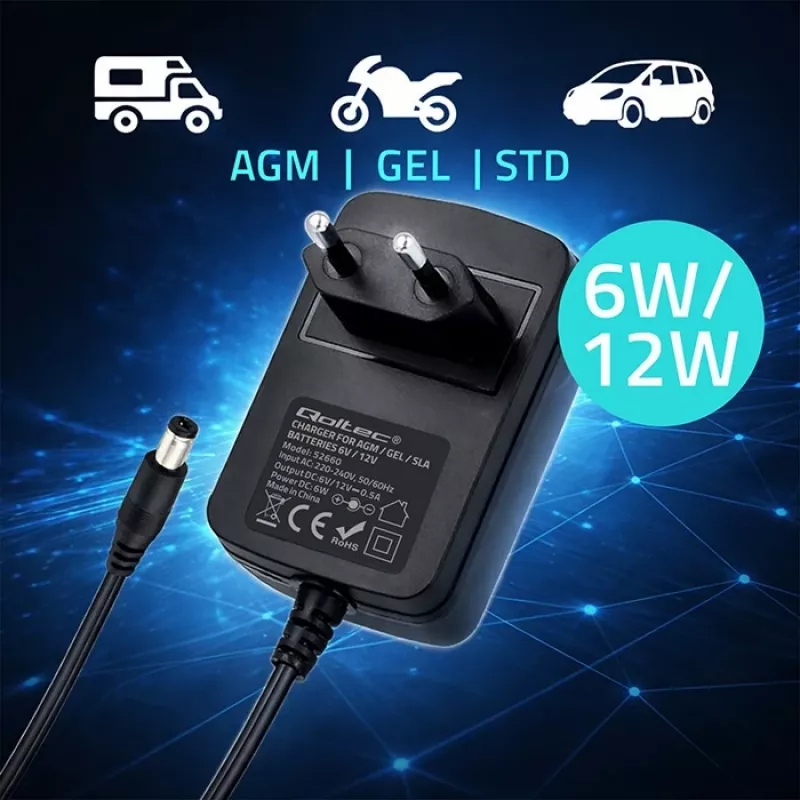 Akulaadija QOLTEC mudel 52660 — 6V/12V, 6W laadimisseade
