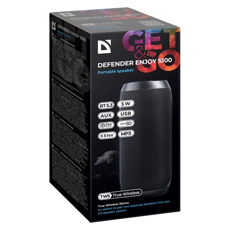 Kantav Bluetooth-kõlar DEFENDER ENJOY S100 — 10W, Bluetooth 5.3, 5h aku, LED-valgustus, sisseehitatud mikrofon