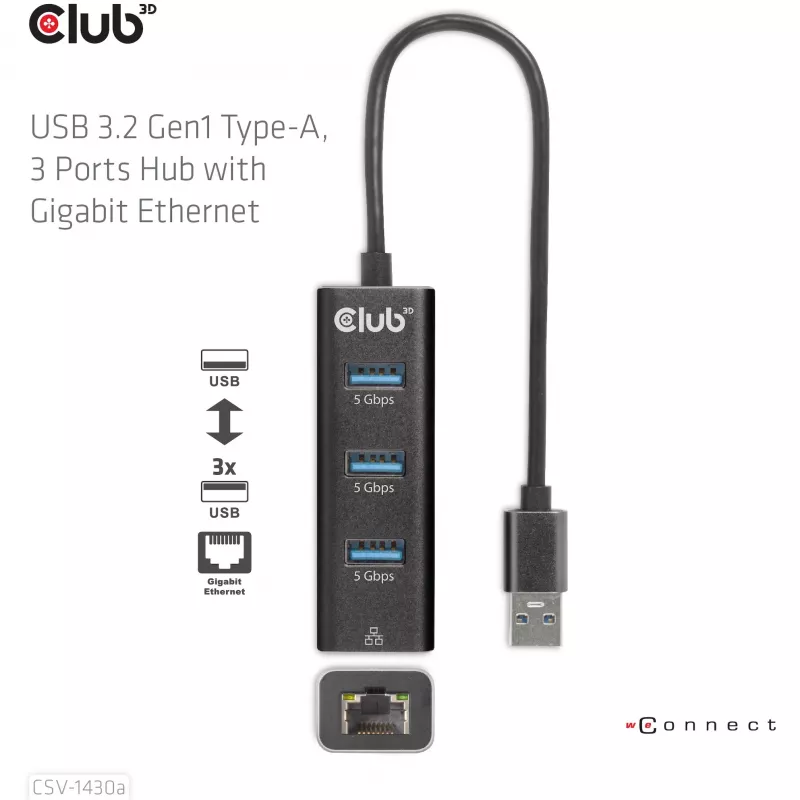 USB jaotur CLUB3D USB 3.2 Gen1 Type-A 3 pordiga ja Gigabit Ethernetiga
