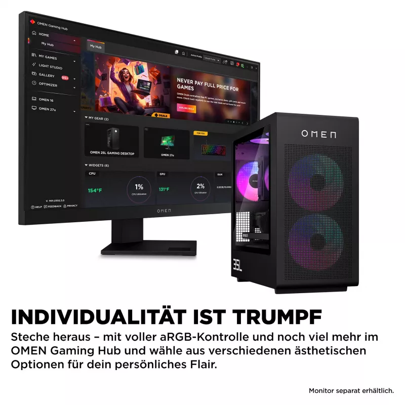 HP OMEN 35L GT16-1471ng mänguarvuti – Ryzen 7 9800X3D, 32 GB RAM, 2 TB SSD, RTX 5080, Win 11 (CH8X4EA#ABD)