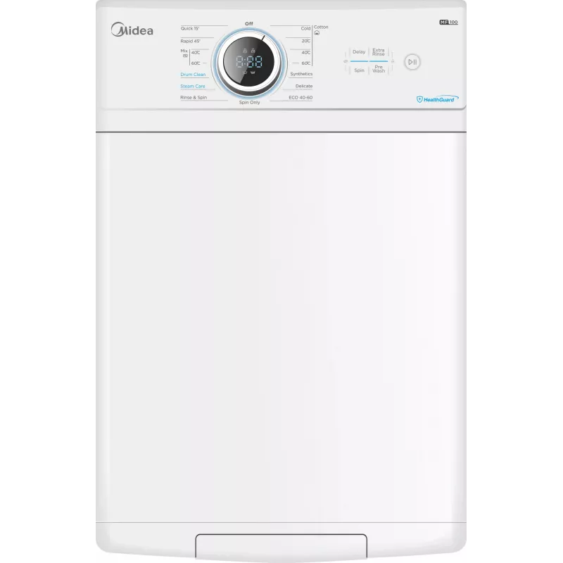 Midea pesumasin | MF100T60B/W-HR | Energiatõhususe klass A | Pealtlaetav | Pesukogus 6 kg | 1200 p/min | Sügavus 61 cm | Laius 40 cm | Ekraan | LED | Aurufunktsioon | W