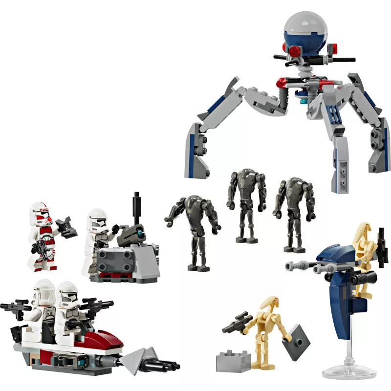LEGO Star Wars kloonsõdurite ja lahingudroidide lahingukomplekti ehitusmänguasjad lastele kiirrattasõidukiga, 4 minifiguuri ja 5 figuuri, kingitused poistele