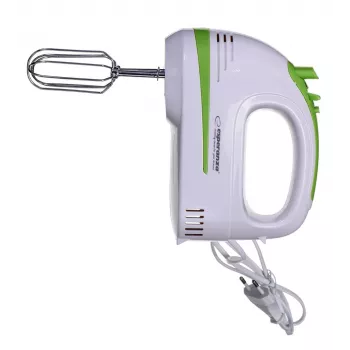 Käsisegisti ESPERANZA EKM011 — 400 W, 5 kiirust, turbo, taignakonksud ja visplid, 220–240 V, valge/heleroheline