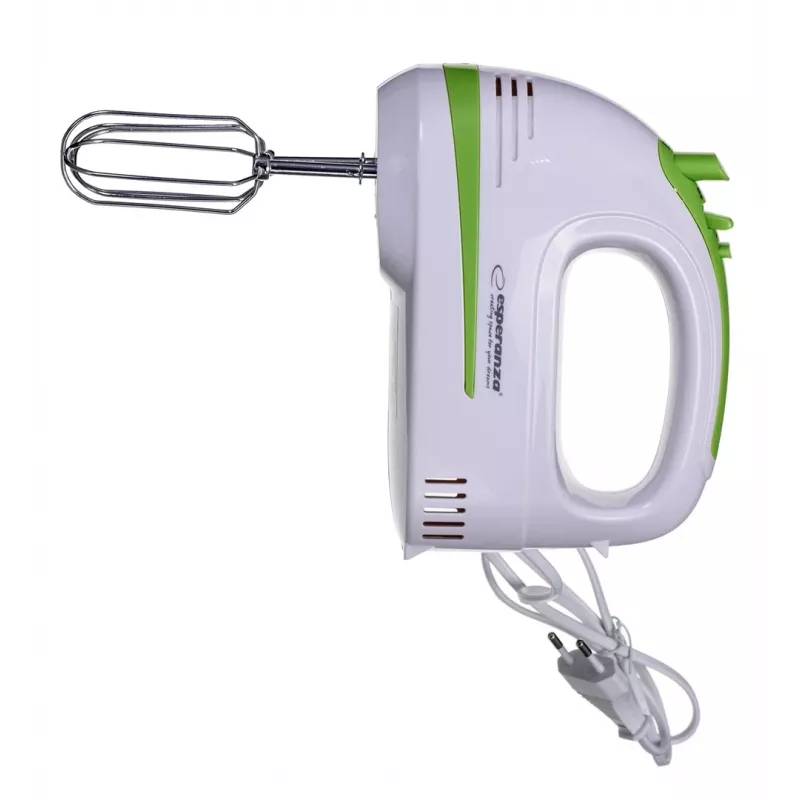 Käsisegisti ESPERANZA EKM011 — 400 W, 5 kiirust, turbo, taignakonksud ja visplid, 220–240 V, valge/heleroheline