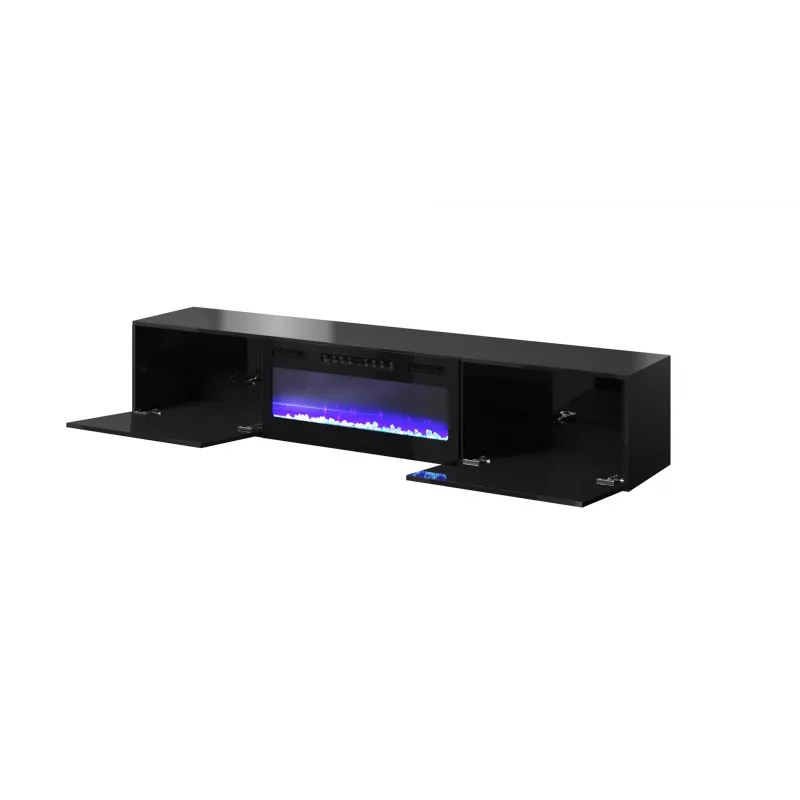 TV-kapp Cama Meble SLIDE 200K elektrilise kaminaga 200×40×37 cm läikiv must, MDF-uksed, puitlaastplaadist raam