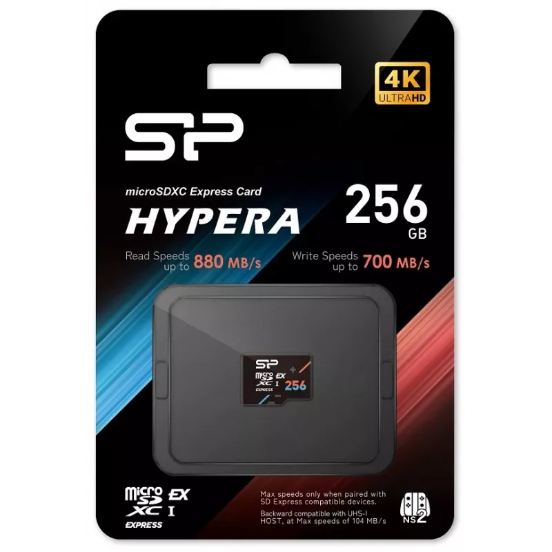 microSDXC-välkmälukaart Silicon Power Hypera 256 GB — Class 10, UHS-I U3, V30, A1, lugemiskiirus 880 MB/s, kirjutamiskiirus 700 MB/s