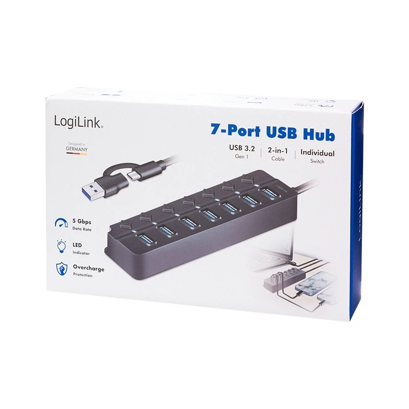 USB 3.2 Gen1 jaotur, 7 porti sisse/välja lülitiga, must