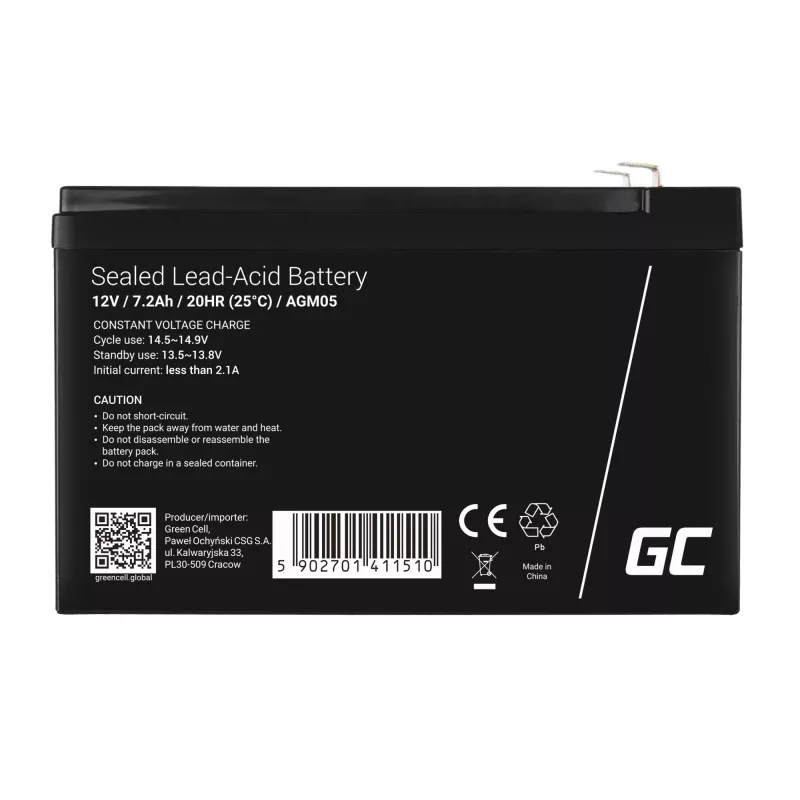 UPS-aku roheline Cell AGM05 — 12 V 7,2 Ah suletud pliiaku (VRLA), 95 mm K, 151×65 mm, 2,15 kg
