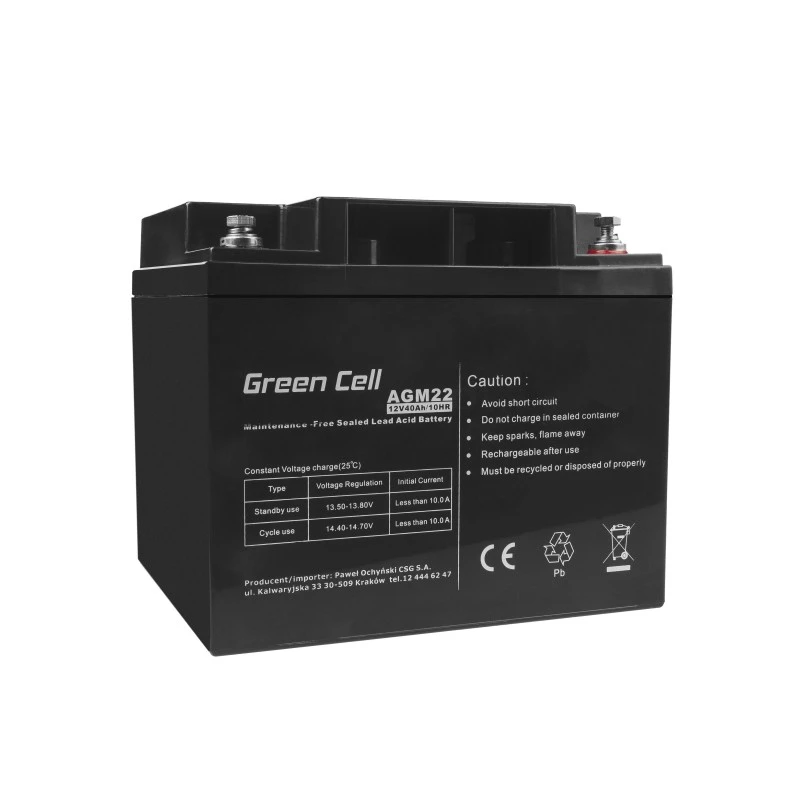 UPS aku roheline Cell AGM22 — Suletud pliiaku 12 V 40 Ah (VRLA), 170×165×197 mm, 12,1 kg