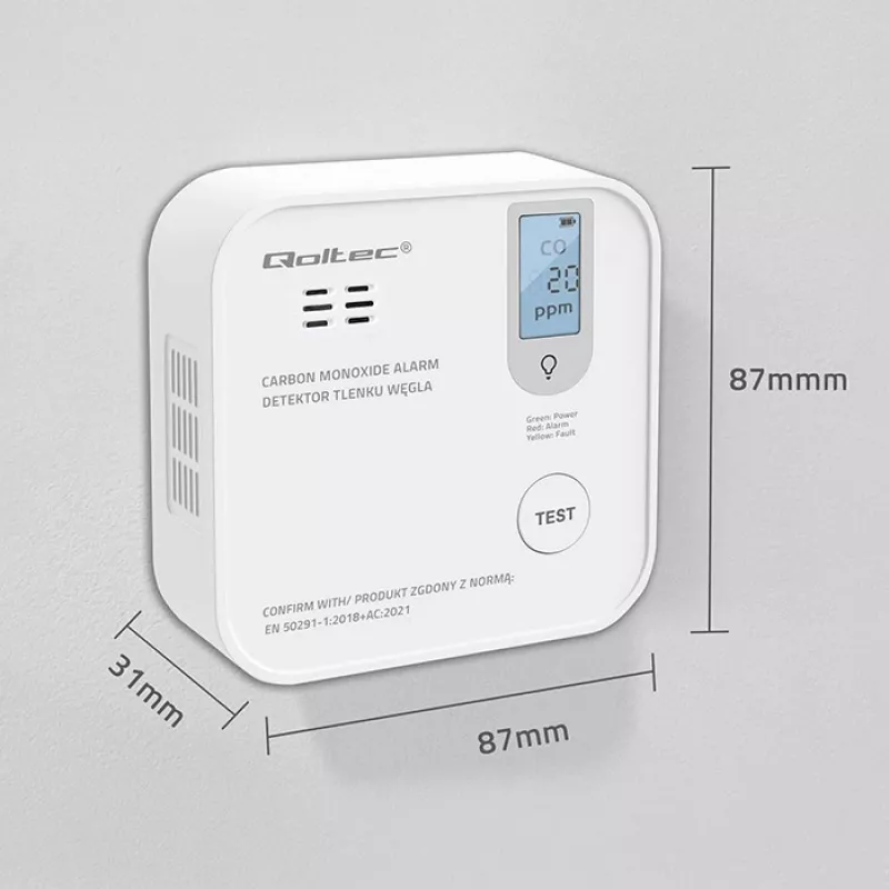 Vingugaasiandur QOLTEC 52577 — patareitoitega alarm, 85 dB helitugevus