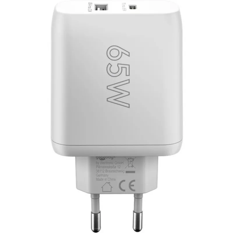USB-C Dual-Fast Charger, PD, GaN, 65 W (valge, 1x USB-C, 1x USB-A, Power Delivery)
