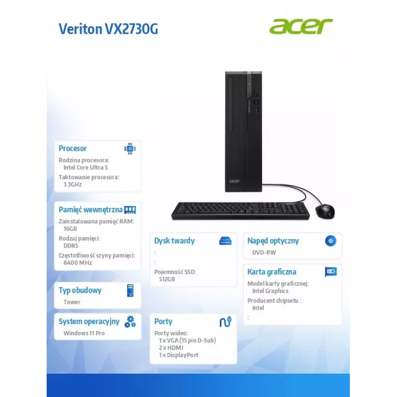 Lauaarvuti Acer Veriton VX2730G U5 225 16 GB muutmälu ja 512 GB SSD-ga, Windows 11 Pro