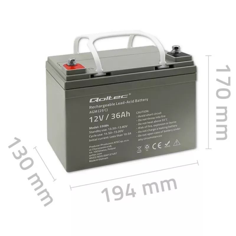 Suletud AGM UPS-aku QOLTEC 53084 12V 36Ah LongLife