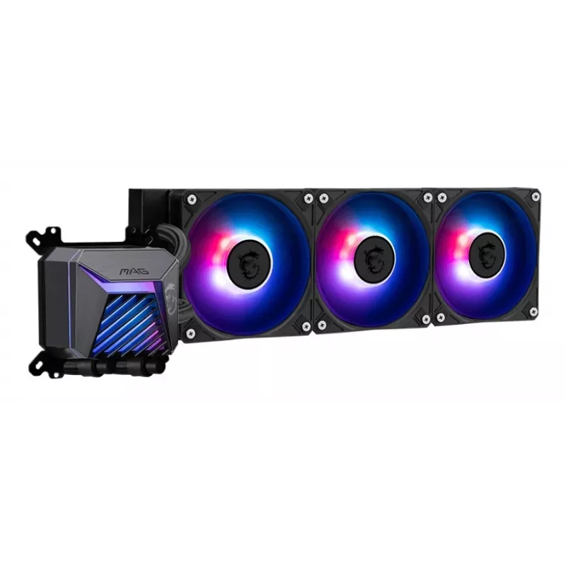 All-in-one vedelikjahuti MSI MAG Coreliquid A15 360 — 3x 120 mm ventilaatorit, radiaator 394 x 120 x 27 mm, pump 5V, RGB, toetab LGA 1851