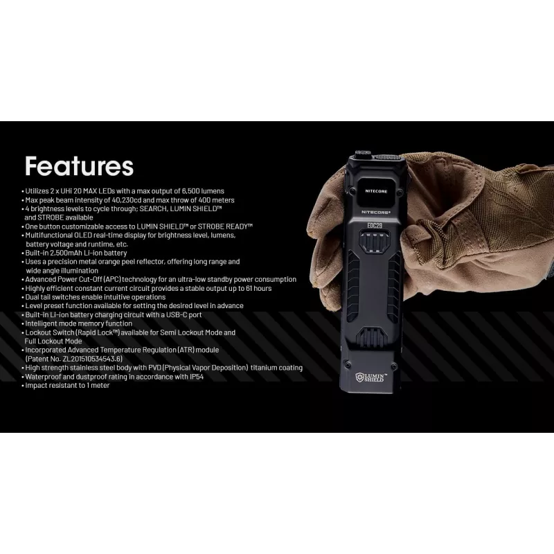 Käsitaskulamp Nitecore EDC29 roostevabast terasest korpus, 2 LED-i, 15–6500 lm, IP54, USB-laetav