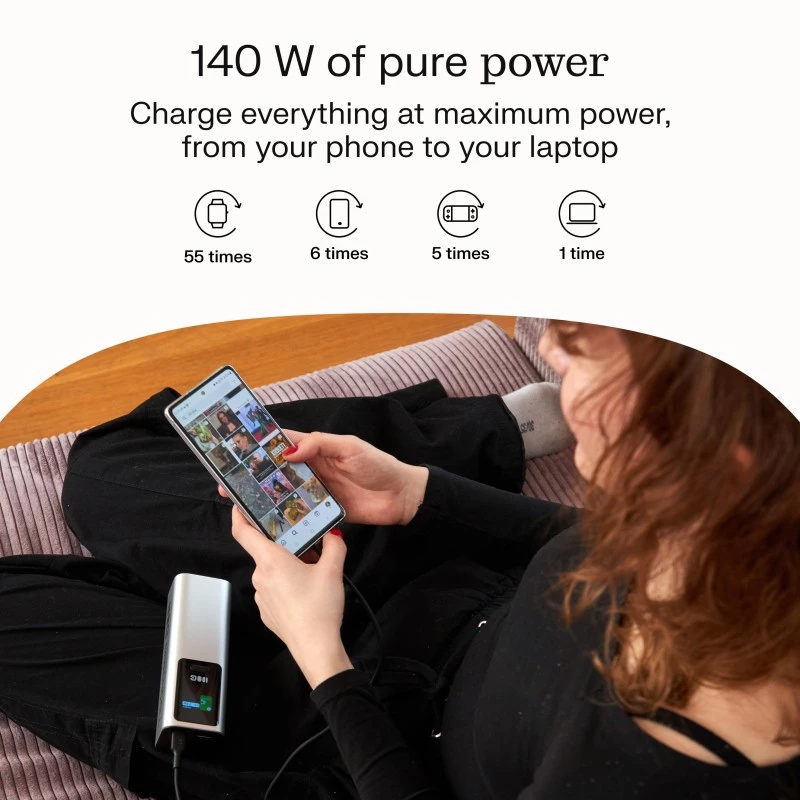 Kaasaskantav aku Green Cell PBGC25UD, 25200 mAh, Li‑Ion, 140 W koguvõimsus, 2× USB‑C + 1× USB‑A, OLED-ekraan, alumiiniumkorp