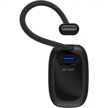 Powerbank 5000 mAh, integreeritud USB-C kaabel 13 cm, 20 W (must, 5 Ah, 1x USB-A, 1x USB-C, PD, QC)