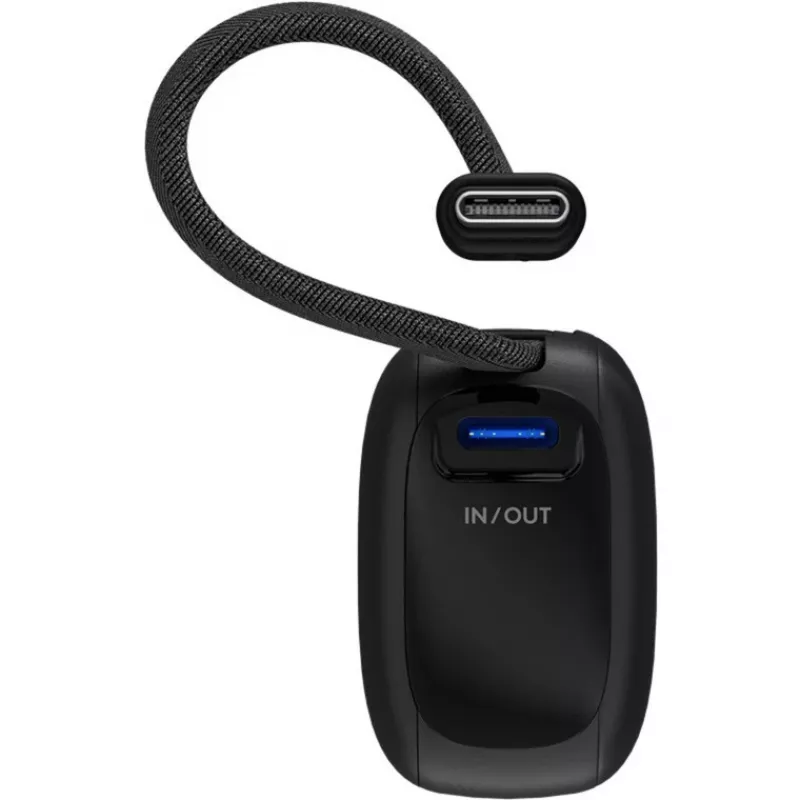 Powerbank 5000 mAh, integreeritud USB-C kaabel 13 cm, 20 W (must, 5 Ah, 1x USB-A, 1x USB-C, PD, QC)