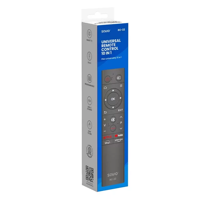 SAVIO TV kaugjuhtimispult RC-22 — IR juhtmevaba universaalne, 20 nuppu, 10 m ulatus, USB‑C, must