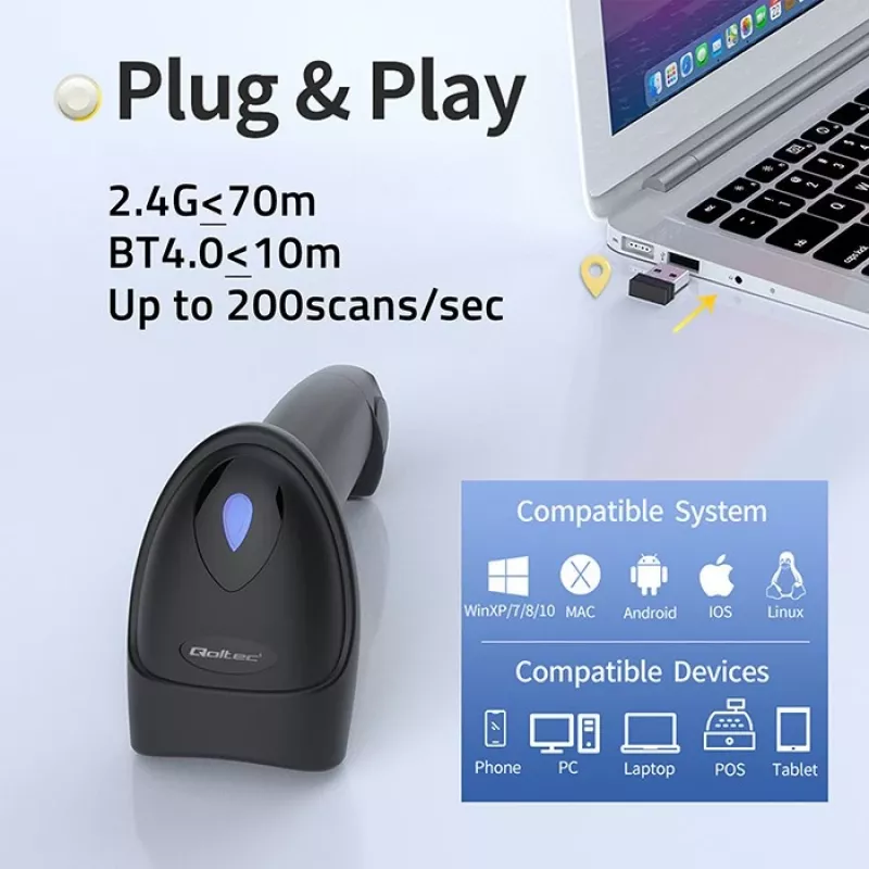Vöötkoodilugeja QOLTEC 50880 1D/2D USB — käsiskanner USB-liidesega