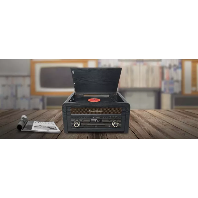 Plaadimängija muse MT-115 W — must/kuldne, 33-45-78 RPM, J-kujuline toonhoob, pöörlev helitugevus, 240 V AC
