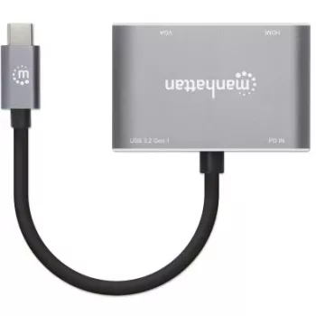 Manhattan USB-C dokk/jaotur, pordid (x4): HDMI, USB-A, USB-C ja VGA, toiteedastusega (PD) 87 W – vajab välist USB-C laadijat (ei kuulu komplekti). Toide USB kaudu (välist toiteallikat pole vaja), kui PD ei ole kasutusel, alumiinium