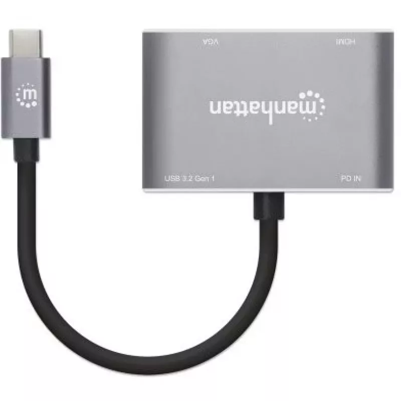 Manhattan USB-C dokk/jaotur, pordid (x4): HDMI, USB-A, USB-C ja VGA, toiteedastusega (PD) 87 W – vajab välist USB-C laadijat (ei kuulu komplekti). Toide USB kaudu (välist toiteallikat pole vaja), kui PD ei ole kasutusel, alumiinium