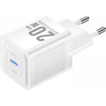 Vention mobiililaadija FEPW0-EU — 20W USB-C sisetingimustesse mõeldud vahelduvvoolulaadija nutitelefonile, tahvelarvutile, nutikellale, kõrvaklappidele, valge