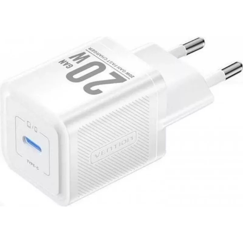 Vention mobiililaadija FEPW0-EU — 20W USB-C sisetingimustesse mõeldud vahelduvvoolulaadija nutitelefonile, tahvelarvutile, nutikellale, kõrvaklappidele, valge